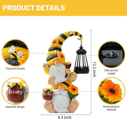 Solar Bee Garden Gnomes with LED Lantern – Waterproof Stacked Outdoor Decor for Yard, Patio – Unique Gnome Gift for Women, Mom, Grandma (Weatherproof Resin, Outdoor Statues)