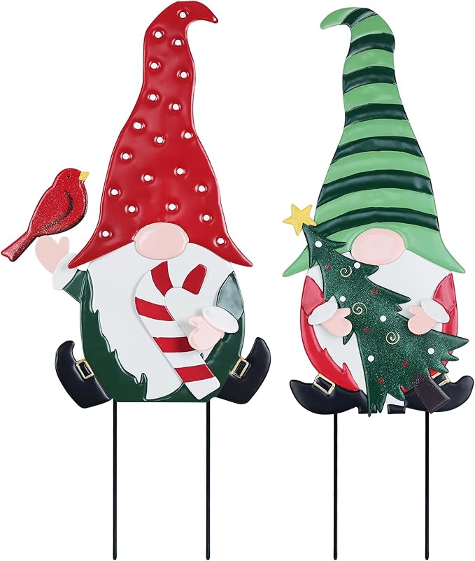 YEAHOME Outdoor Christmas Decorations, 2 Pack Gnomes Decorative Garden Stakes for Christmas Decor, Metal Yard Signs Xmas Decorations for Outside Garden Yard Lawn Porch Holiday Party