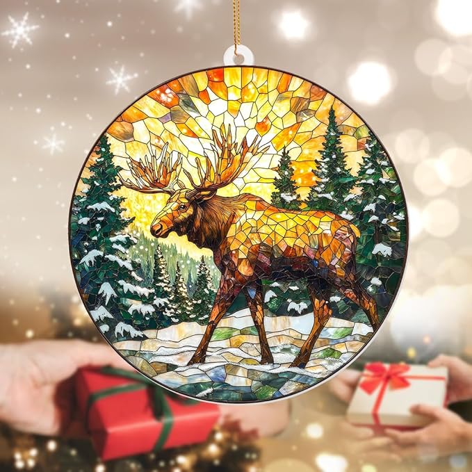 Stained Glass Style Acrylic Moose Ornament 2025 - Rustic Cabin Christmas Tree Ornament, Wildlife Suncatcher Window Hanging, Winter Holiday Decor Gift for Nature & Outdoor Lovers, Shatter(Sun-23)