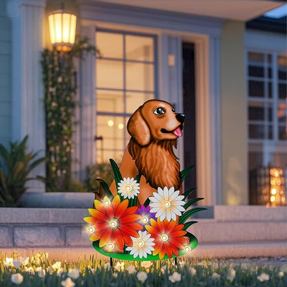 WONDER GARDEN Decorative Garden Stakes - Lighted Dog and Flower Yard Sign Stakes Spring Signs for Outdoor, Porch, Yard,Flower Bed Decor