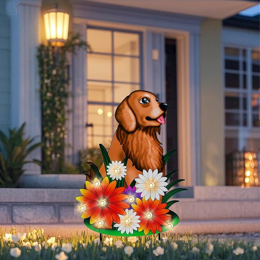 WONDER GARDEN Decorative Garden Stakes - Lighted Dog and Flower Yard Sign Stakes Spring Signs for Outdoor, Porch, Yard,Flower Bed Decor