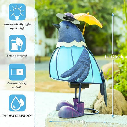 MUMTOP Solar Outdoor Lights Garden Decor, Cute Bluebirds Waterproof Solar Powered LED Light Metal Bird Holding Yellow Umbrella Yard Art Ornament for Patio Outside Lawn Backyard Balcony Decorations