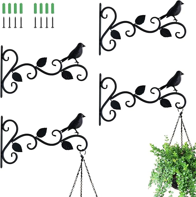 JIALAI HOME Hanging Plants Bracket 12" Bird Planter Outdoor Hooks Hangers for Flower Baskets Pot Bird Feeder Wind Chimes Lanterns Patio Garden Outdoor Indoor Metal Black, 4 Packs