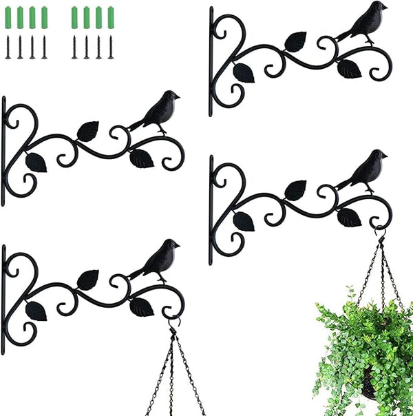 JIALAI HOME Hanging Plants Bracket 12" Bird Planter Outdoor Hooks Hangers for Flower Baskets Pot Bird Feeder Wind Chimes Lanterns Patio Garden Outdoor Indoor Metal Black, 4 Packs