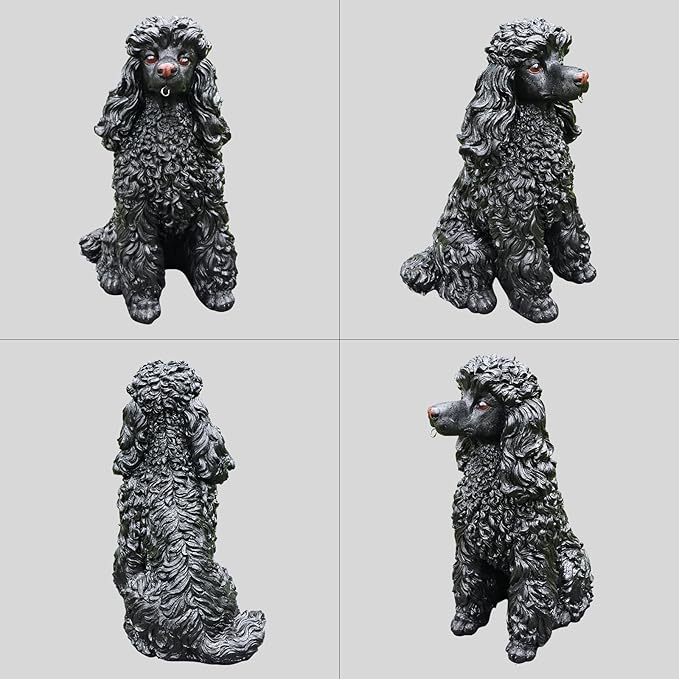 Black Poodle Garden Statue with Solar Lantern - 14.4" Large Dog Outdoor Decor with Double-Sided "Welcome/On Patrol" Sign, Waterproof Resin Puppy Figurine for Yard, Porch, Patio, Pet Memorial Gift