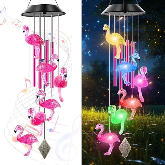 Solar Powered Flamingo Wind Chimes with 4 Music Aluminum Tubes, Flamingo Wind Chimes for Outside,Best Gifts for Mom Grandma Women Wife Aunt Sister, Unique Mobile Wind Chime, Garden Yard Decor