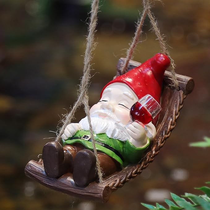 Gnome Garden Statues Decor for Outdoor, Resin Swing Gnome Statue with Red Wine in Hand, Hanging Garden Figurine Ornament for Home Yard Patio Decoration, Birthday Valentine's Day
