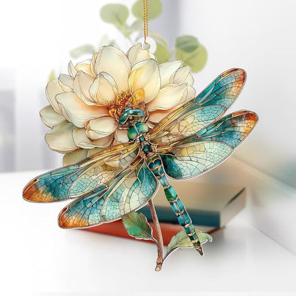 Dragonfly Ornament Stained Glass Style – Acrylic Window Hanging Suncatcher with Flower, Dragonfly Gifts for Women, Christmas Tree Ornament, Whimsical Home & Garden Décor(Sun-21)