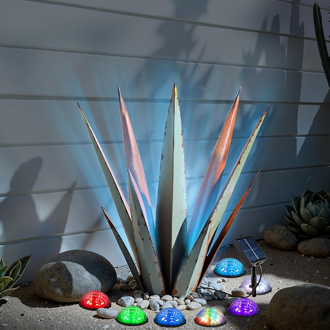 Solar Metal Agave Plant Garden Statue, Hand Painted Tequila Rustic Sculpture Outdoor Decor for Yard Patio Porch Lawn Courtyard Pond or Indoor Balcony Display