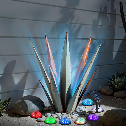 Solar Metal Agave Plant Garden Statue, Hand Painted Tequila Rustic Sculpture Outdoor Decor for Yard Patio Porch Lawn Courtyard Pond or Indoor Balcony Display