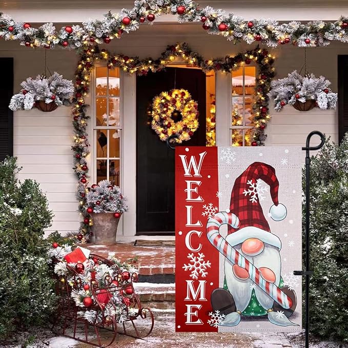 hogardeck Welcome Christmas Garden Flag, Gnome & Candy Polyester Outdoor Christmas Decorations, 12x18 Inch Vertical Double Sided Yard Flag, Snowflake Xmas Decor