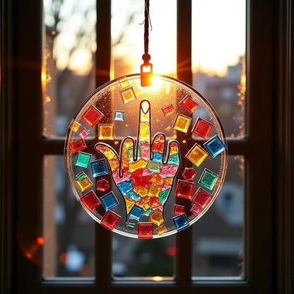 Middle Finger Suncatcher Color Stained Glass Window Hanging, Handmade Acrylic Funny Light Sun Catcher Indoor Outdoor Wall Hanger Ornament, Hand-Painted Glass Panel Decor for Home Office (B)