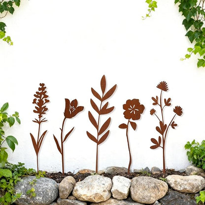 Penitue 5pcs Metal Flowers for Outside, Rustic Decorative Garden Stakes Weather-Resistant Metal Flowers Garden Decor for Yard Art Flower Bed Plant Stakes Lawn Pathway Decorations(Style 1)