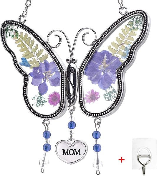 Laraine Butterfly Suncatcher with Pressed Flower Wings Mother's Day Butterfly Glass Wind Chime Ornament Charm with Metal Heart Gifts for Mom Grandma Birthday (Purple Mom (with Free Hook))