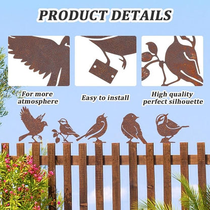CREATCABIN 5Pcs Rusty Birds Fence Decoration Outdoor Birds Decor for Yard Art Metal Craft Statue Ornaments Iron Sculptures Stakes Rustic Garden Decor for Farmhouse Yard Wall