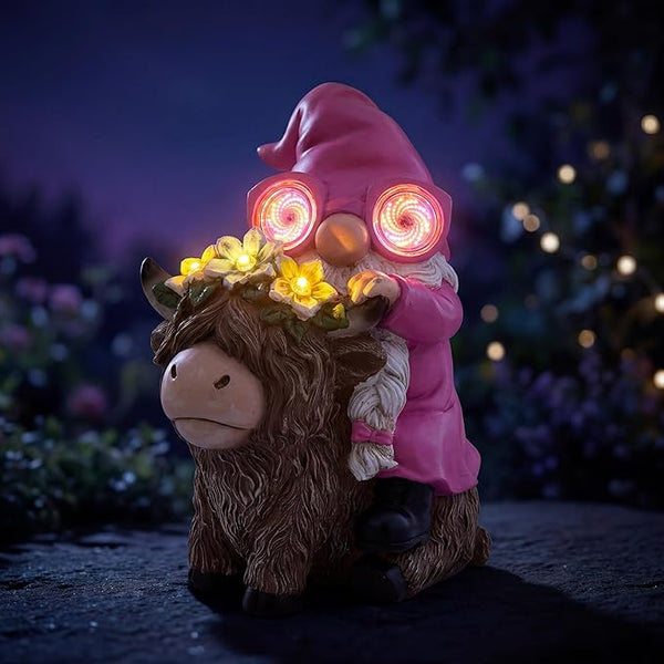 iStatue Solar Highland Cow Garden Statue with Animated LED Goggles - 8.7" Resin Gnome Figurine Moving Pixel Matrix Eyes Unique for Mom Women (Pink)
