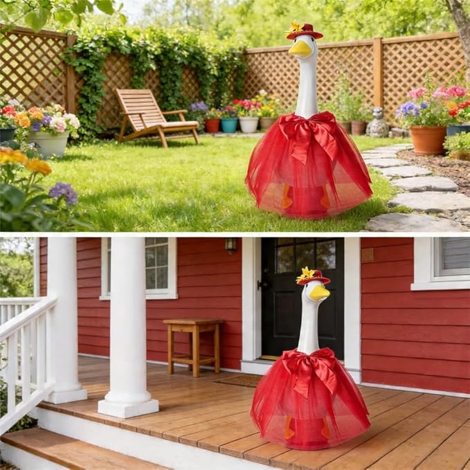 Porch Goose Outfits Four-Layer Mesh Skirt Goose Outfit with Bow Tie Hat for 17-23" Lawn Cement Plastic Geese Statue for Garden Yard Decor Accessories(Red)