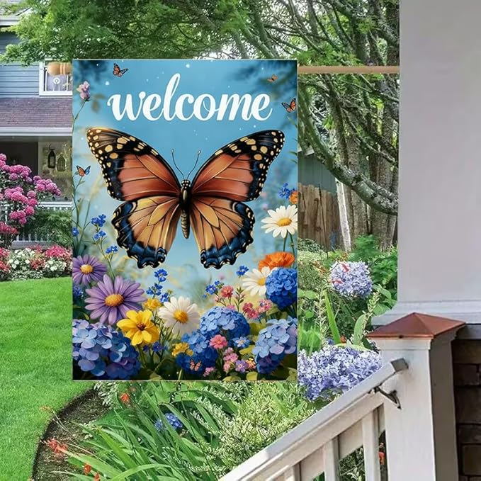 Large Spring Summer Garden Flags for Outside 28 x 40 Double Sided, Burlap Spring Summer House Flags, Seasonal Outdoor Flags Butterfly Flowers Farmhouse Yard Decorations