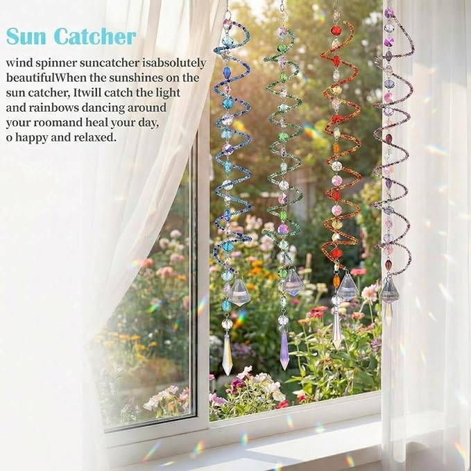 Suncalla 4 Pcs Crystal Sun Catcher for Window Hanging Spiral Gazing Ball Spiral Tail Wind Spinners Outdoor Crystal Ball and Chain Crystals Beads for Indoor Outdoor Garden Patio Porch Decoration