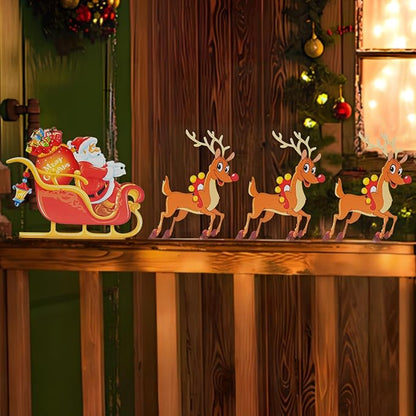 Christmas Decorations Outdoor Metal Yard Sign Santa & Deer Weatherproof Fence Decor Lawn Sign for Holiday Porch, Garden & Home Decorations Art Ornament