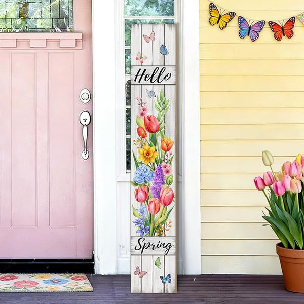 Hello Spring Porch Sign Tulip Butterflies Welcome Sign Rustic Vertical Standing Sign For Front Porch Decor Farmhouse Hanging Wall Sign for Patio Yard Party Indoor Outdoor Decoration 47.2"H