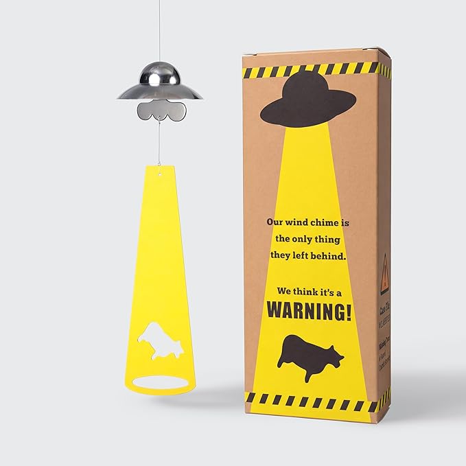 Funny Metal UFO Spaceship Wind Chime with Summoning Card Quirky Sci-Fi Hanging Decor for Bedroom & Study, Novelty Alien Gift for Teens & UFO Lovers, Unique Indoor Ornament (Cow)