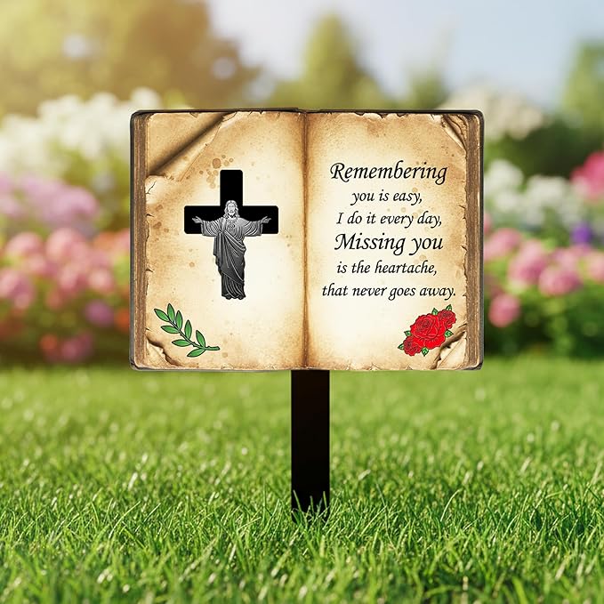 Jesus Bible Grave Marker - Thickened Metal Memorial Stake with Poem - Sturdy Cemetery Decorations, Mother’s Day (Bible)