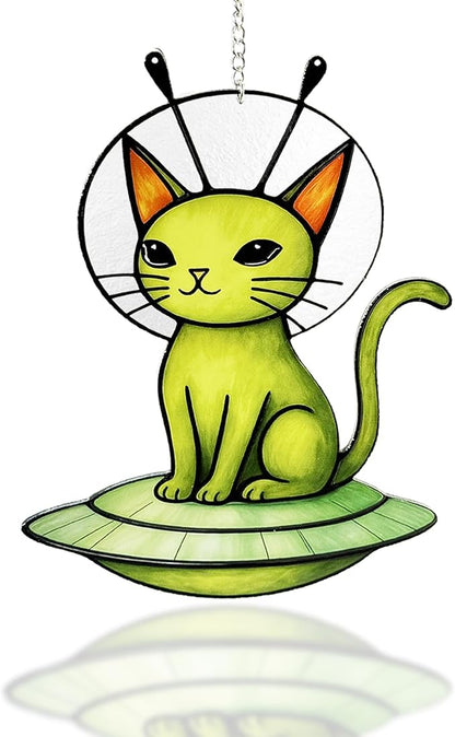 Cat Stained Glass Suncatcher Window, Hanging Sun Catchers Indoor Window, Suncatcher for Mom/Women (Alien Cat)