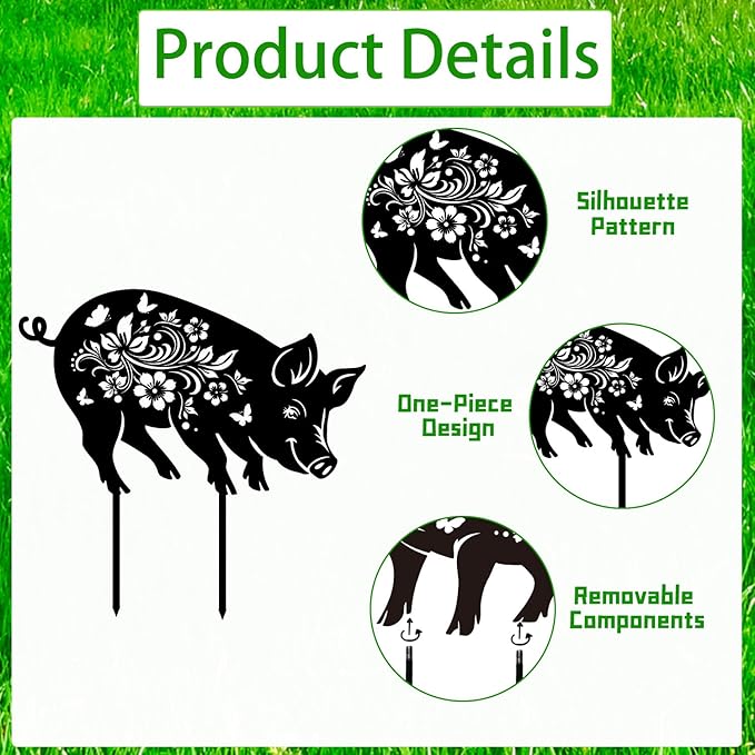Rngmsi Pig Decorative Garden Stakes Gifts, 3PCS Metal Pig Garden Statues Decor for Outside, Black Silhouette Yard Lawn Outdoor Gifts for Women Men Pig Lovers