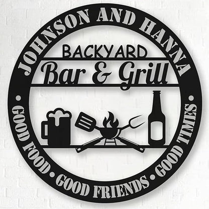 Custom Name BBQ Metal Sign, Personalized Backyard Bar & Grill Metal Wall Beer Metal Wall Art Sign Bbq Outside Wall Decor Family Name Metal Sign, Patio Signs