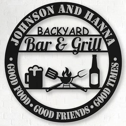 Custom Name BBQ Metal Sign, Personalized Backyard Bar & Grill Metal Wall Beer Metal Wall Art Sign Bbq Outside Wall Decor Family Name Metal Sign, Patio Signs
