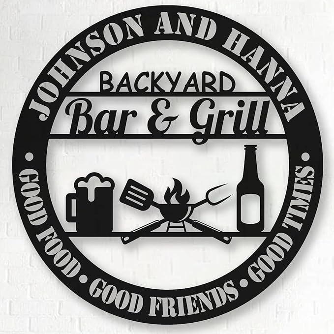 Custom Name BBQ Metal Sign, Personalized Backyard Bar & Grill Metal Wall Beer Metal Wall Art Sign Bbq Outside Wall Decor Family Name Metal Sign, Patio Signs