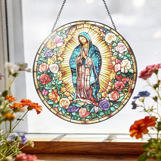 Mexican Virgin Mary Stained Glass Suncatcher, Christian Window Hanging Decor, Stained Panel Hangings Wall Art, Religious Home Ornament, for Mom Grandma