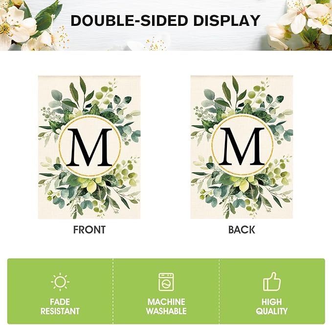 AVOIN colorlife Monogram Letter M Floral House Flag 28x40 Inch Double Sided Outside, Family Last Name Initial Yard Outdoor Decoration