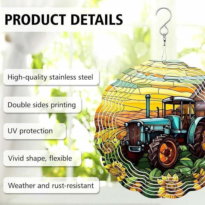 Tractor Wind Spinner, Tractor Stained Glass Wind Spinner, Wind Sculpture Tractor Wind Spinners for Garden Patio Yard Decor