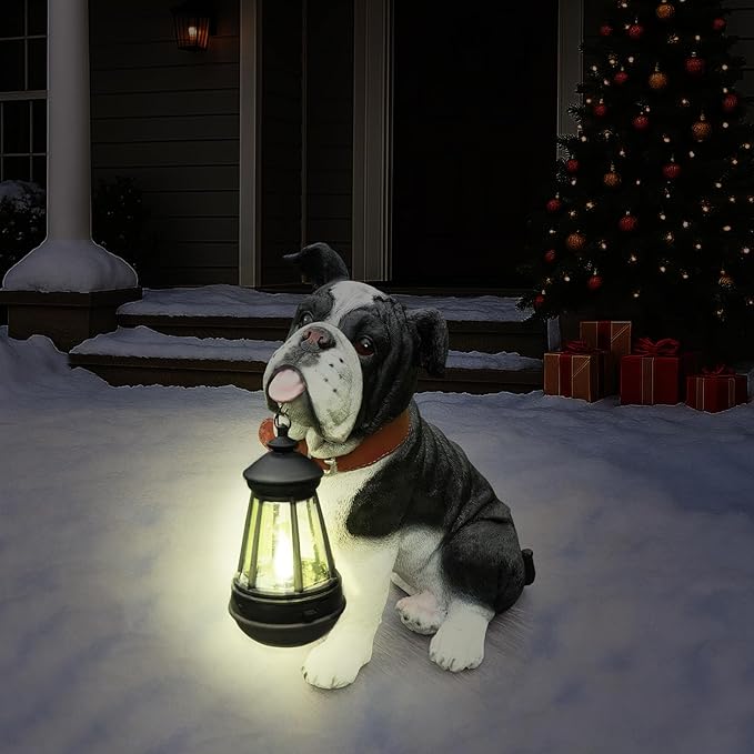Outdoor English Bulldog Dog Statue with Interchangeable Welcome sign and Detachable Solar Lantern –LED Light Garden Dog Sculpture Décor Garden Statue Outdoor dog statue Cute Puppy Yard Porch Gift