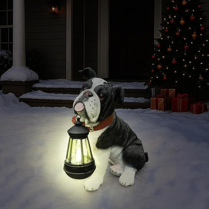 Outdoor English Bulldog Dog Statue with Interchangeable Welcome sign and Detachable Solar Lantern –LED Light Garden Dog Sculpture Décor Garden Statue Outdoor dog statue Cute Puppy Yard Porch Gift