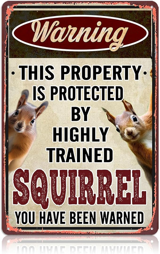 Funny Squirrel Metal Signs for Outdoor Yard Garden Decor - Animal House Decorations Squirrels Lovers Gifts Warning sign Accessories 8x12 Inch