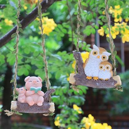 Swing Animals Garden Statue Outdoor Decor, Resin Hanging Animals Figurine Tree Ornaments Yard Art Sculpture for Stump Branch Patio Lawn Decorations (Mom & Baby Pig)