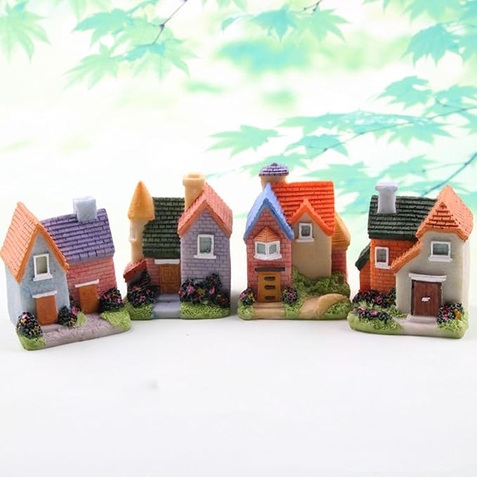 Resin Miniature House 4PCS Miniature House Fairy Gardening Micro Landscape Village Stone House Bonsai Terrarium Crafts Ornaments Accessories Home Decoration (B)