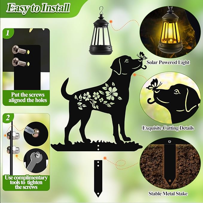 Tfro & Cile Dog Solar Light Outdoor Garden Lantern Stake Decorative Black Ornament with Butterfly Silhouette Decoration for Yard Lawn Patio