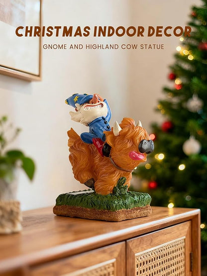 Garden Gnome Statue - Garden Gnome Riding Highland Cow - 6.7 Inch Tall Lawn Figurine - for Outdoor or House Decor - Funny Yard & Patio Decoration