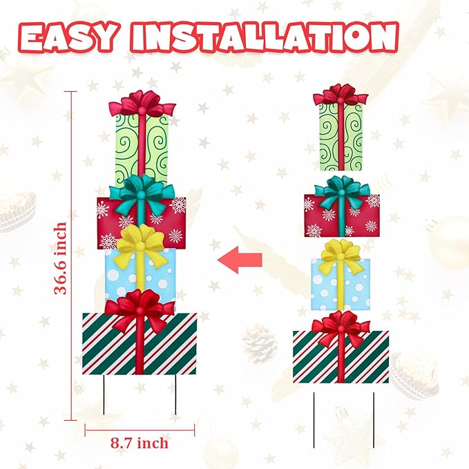 WONDER GARDEN 4PCS Box Sign, Metal Box Yard Stakes, Stacked or Detachable Garden Stakes Yard Signs, Outdoor Christmas Decorations for Lawn Party Outside