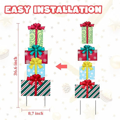 WONDER GARDEN 4PCS Box Sign, Metal Box Yard Stakes, Stacked or Detachable Garden Stakes Yard Signs, Outdoor Christmas Decorations for Lawn Party Outside