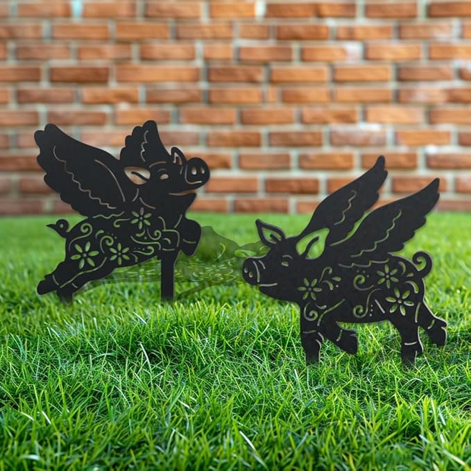 WADORN 2 Styles Flying Pig Metal Decorative Garden Stakes, Funny Pig Flowers Metal Silhouette Statues Animal Garden Ornament Gifts Black Yard Art Decoration for Outdoor Backyard Patio Lawn Walkways