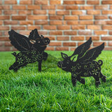 WADORN 2 Styles Flying Pig Metal Decorative Garden Stakes, Funny Pig Flowers Metal Silhouette Statues Animal Garden Ornament Gifts Black Yard Art Decoration for Outdoor Backyard Patio Lawn Walkways