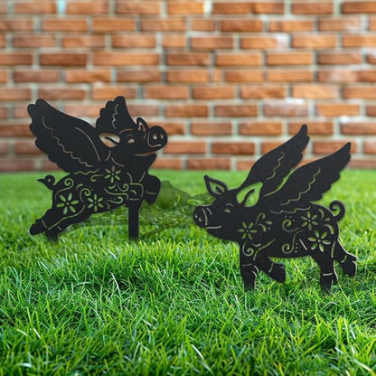 WADORN 2 Styles Flying Pig Metal Decorative Garden Stakes, Funny Pig Flowers Metal Silhouette Statues Animal Garden Ornament Gifts Black Yard Art Decoration for Outdoor Backyard Patio Lawn Walkways