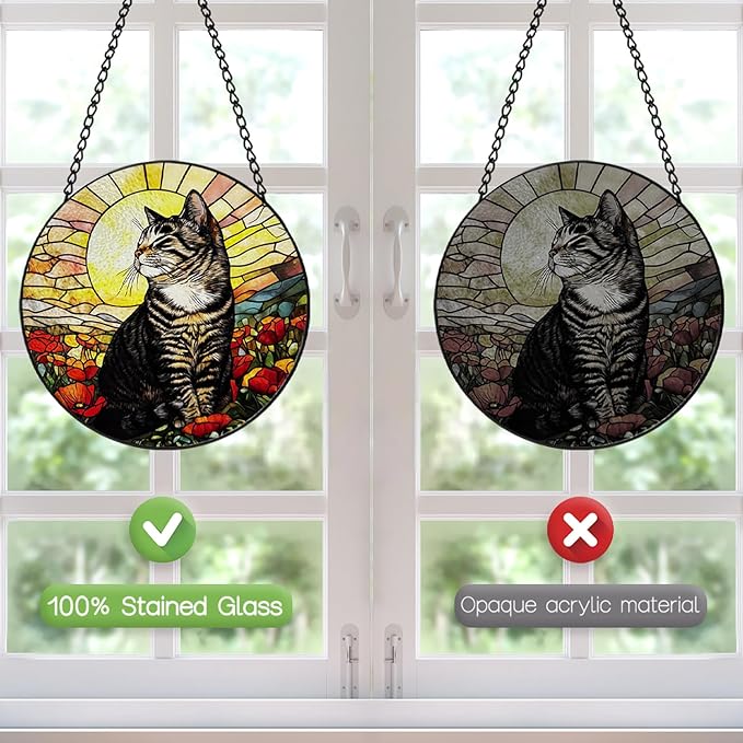 Stained Glass Window Hanging, 8 Inch Tabby Cat Suncatcher, Sun Catchers Indoor Window Ornaments, Suncatchers for Windows Hanging, Spring Home Garden Decor Panel Cat Lovers Gifts for Mom Grandma Wife