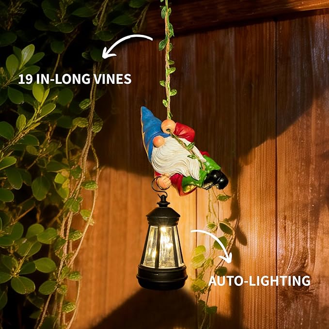 Solar Hanging Gnome Garden Statues Climbing Rope Gnome with LED Lantern Spring Outdoor Decor Tree Hugger Yard Porch Wall Fence Decoration Mother's Day Birthday Gifts for Mom Women