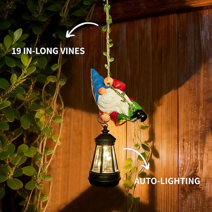Solar Hanging Gnome Garden Statues Climbing Rope Gnome with LED Lantern Spring Outdoor Decor Tree Hugger Yard Porch Wall Fence Decoration Mother's Day Birthday Gifts for Mom Women